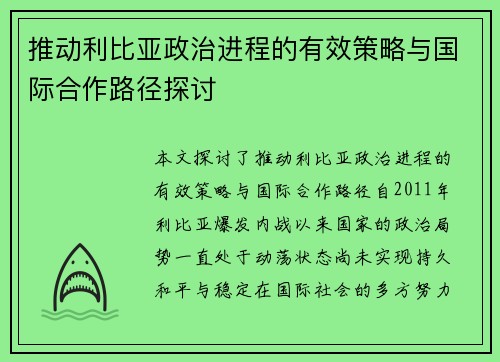 推动利比亚政治进程的有效策略与国际合作路径探讨