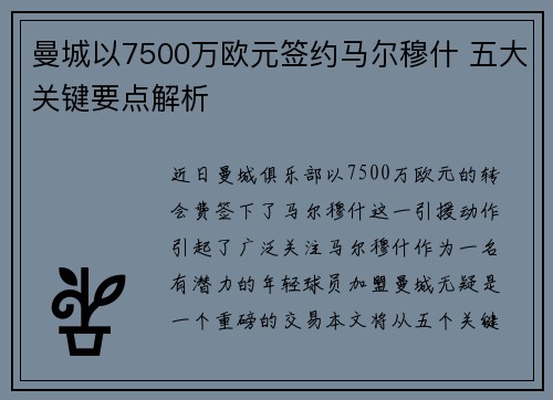 曼城以7500万欧元签约马尔穆什 五大关键要点解析