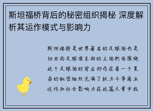斯坦福桥背后的秘密组织揭秘 深度解析其运作模式与影响力