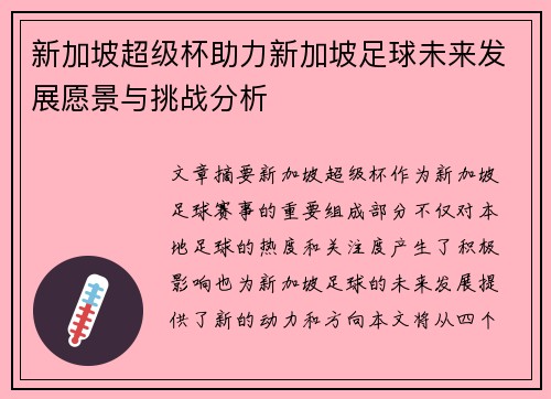 新加坡超级杯助力新加坡足球未来发展愿景与挑战分析